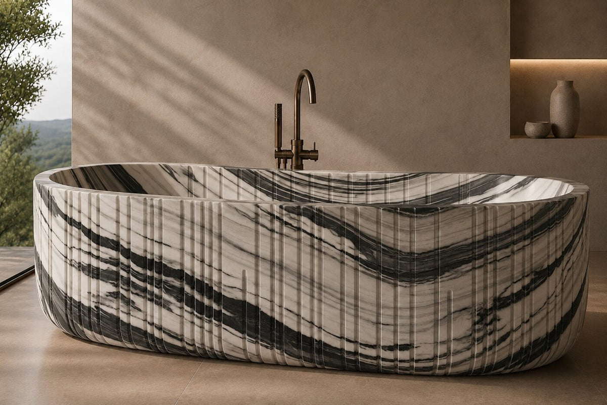 Indian Panda marble oval ribbed stone bathtub carved by Stone Atelier By SKL in Jaipur