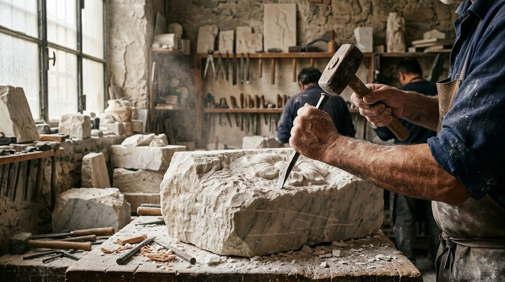 Craftsman carving a block of pale marble by hand