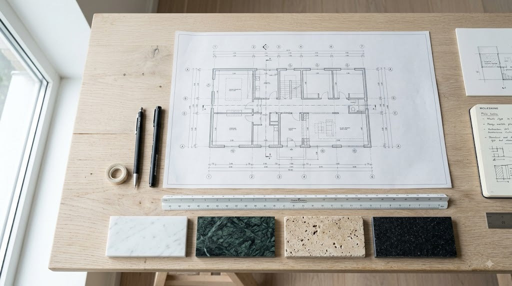 Natural stone samples and architectural drawings on a designer's desk