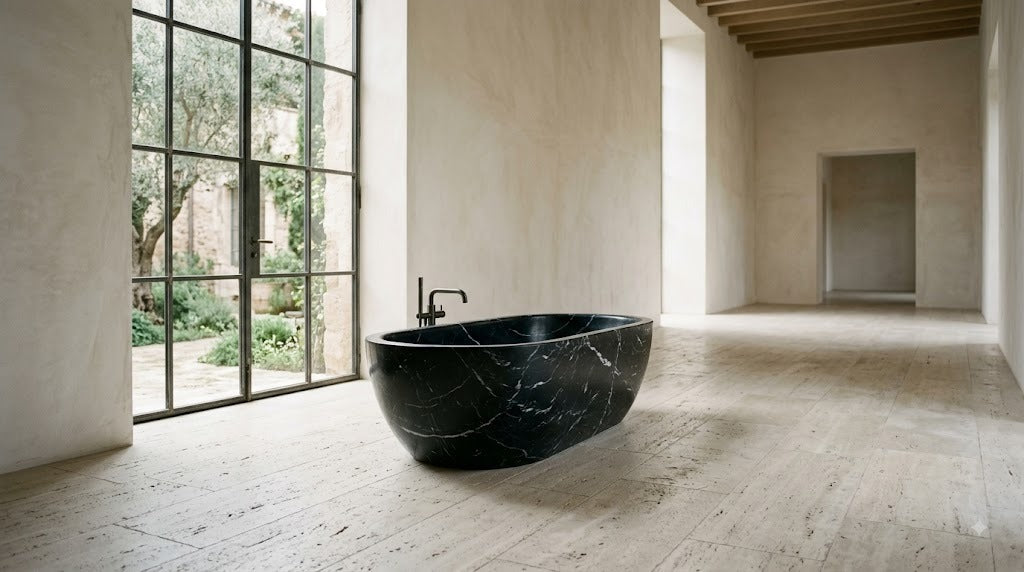 Black Marquina marble freestanding bathtub in a daylit stone gallery