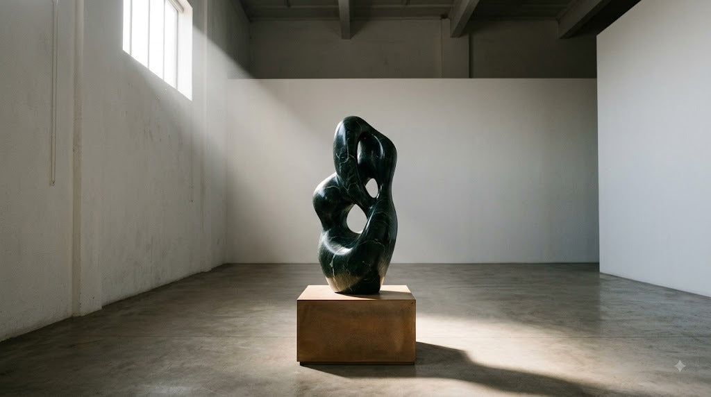 Abstract carved stone sculpture on a plinth in a daylit gallery