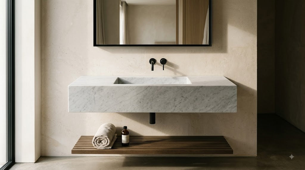 Wall-mounted marble trough washbasin in soft daylight