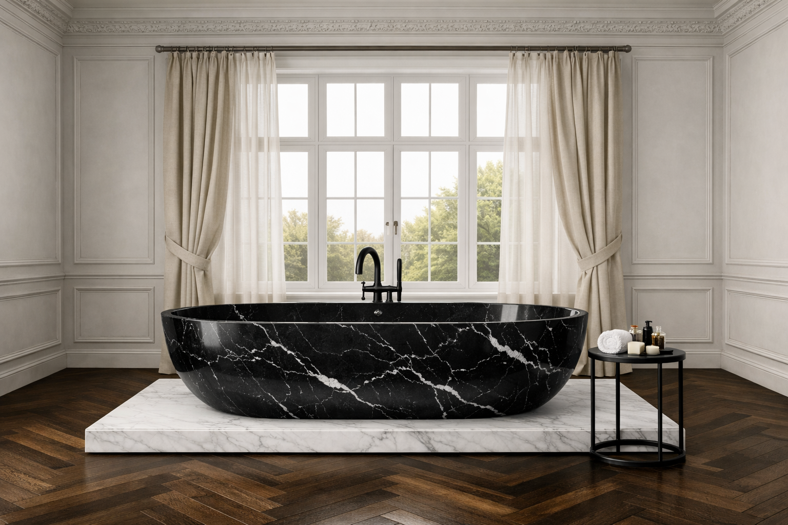 Black Marquina marble freestanding oval bathtub