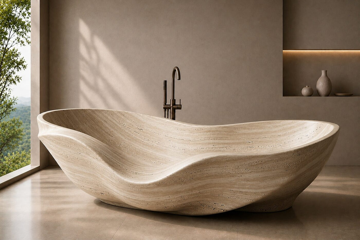 Beige Travertine Cascading Shell stone bathtub
