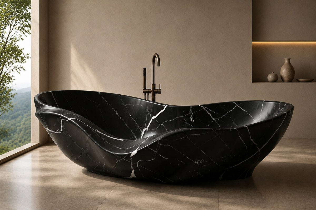 Black Marquina Marble Cascading Shell stone bathtub