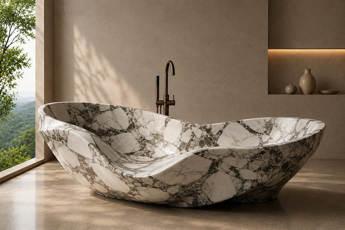 Calacatta Viola Marble Cascading Shell stone bathtub