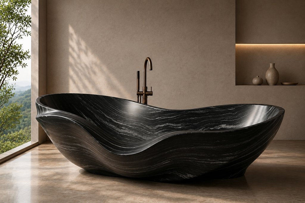 Indian Black Marble Cascading Shell stone bathtub