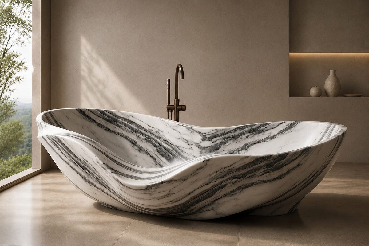 Indian Panda Marble Cascading Shell stone bathtub