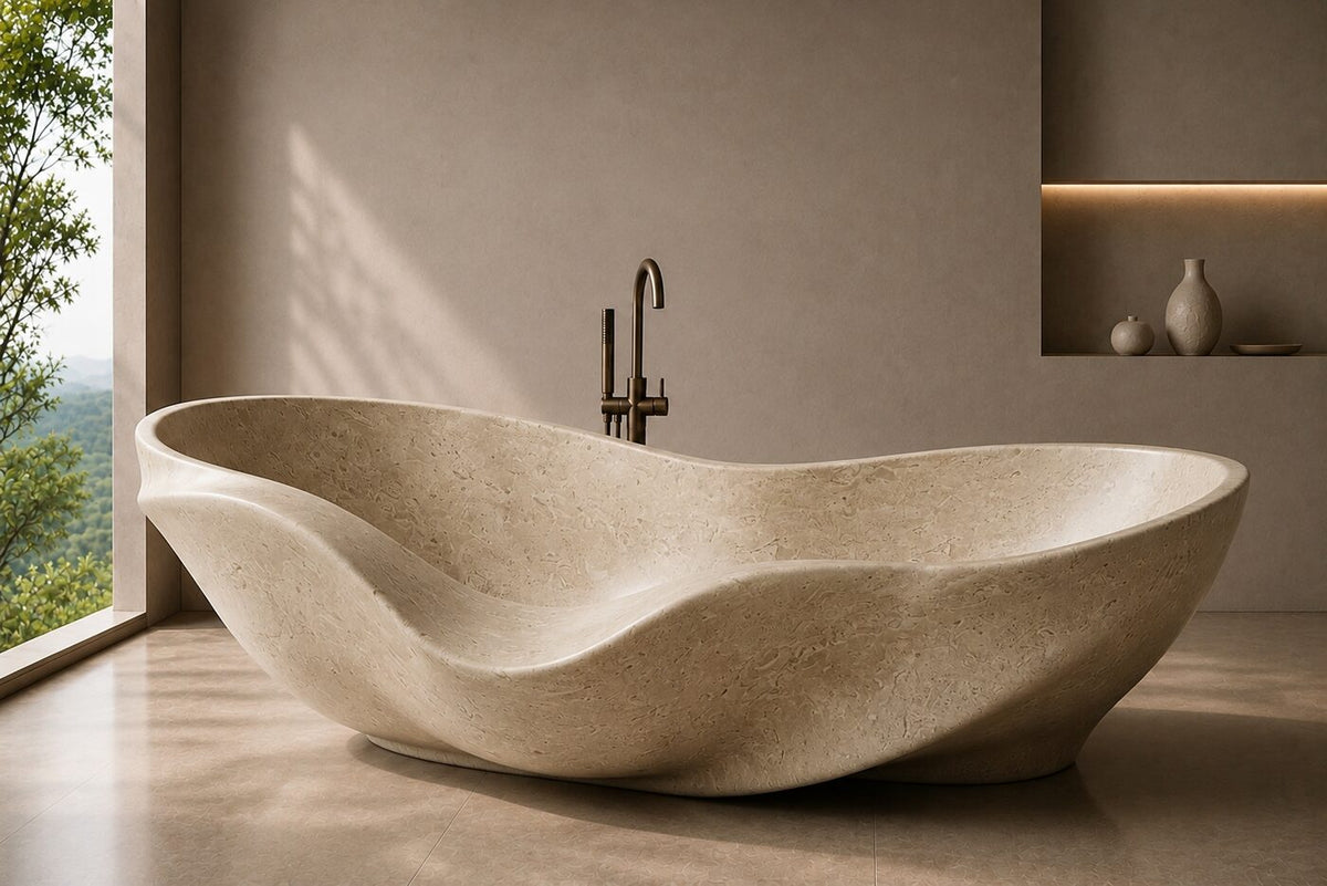 Moca Creme Limestone Cascading Shell stone bathtub