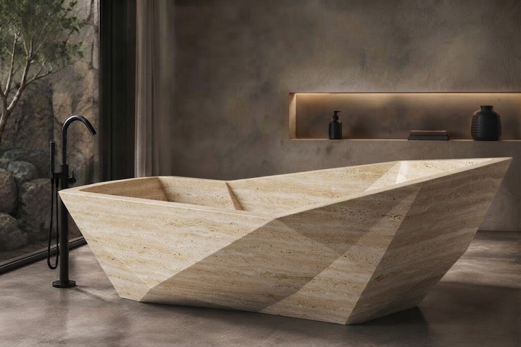 Beige Travertine Diamond Cut stone bathtub