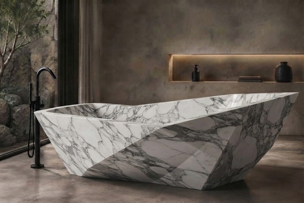 Italian Statuario Marble Diamond Cut stone bathtub