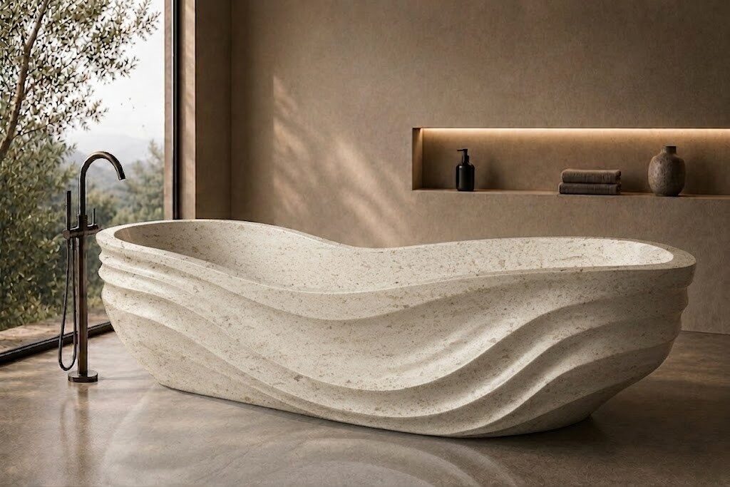 Moca Creme Limestone Infinity Wave stone bathtub
