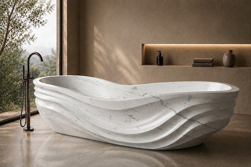 Taj White Marble Infinity Wave stone bathtub