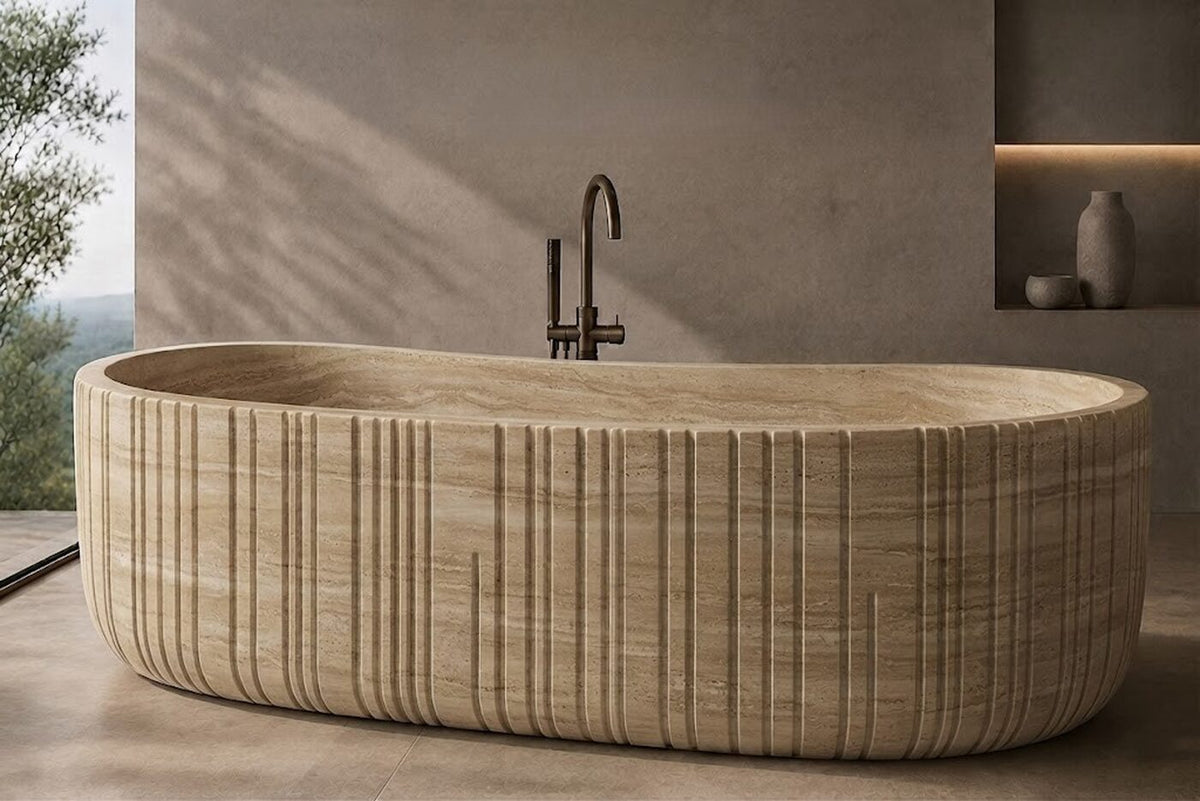 Beige Travertine Oval Ribbed stone bathtub