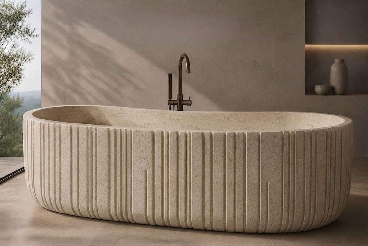 Moca Creme Limestone Oval Ribbed stone bathtub
