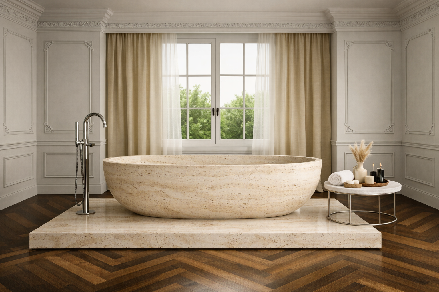 Travertine freestanding oval bathtub