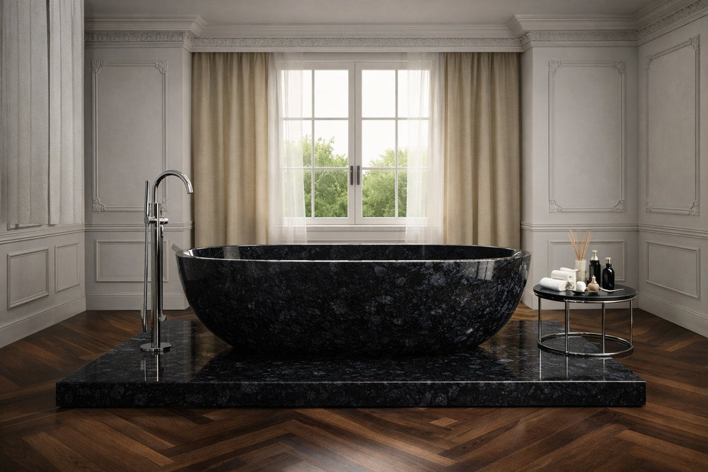 Black Granite compact stone soaking bathtub, alternative view