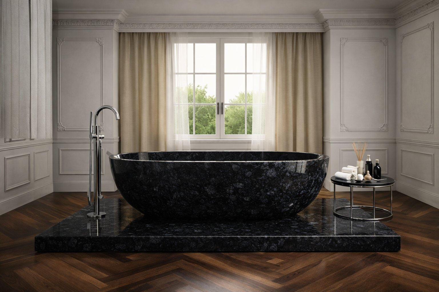 Black Granite compact stone soaking bathtub, alternative view
