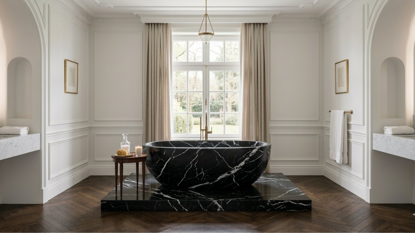 Marquina Black Marble compact stone soaking bathtub