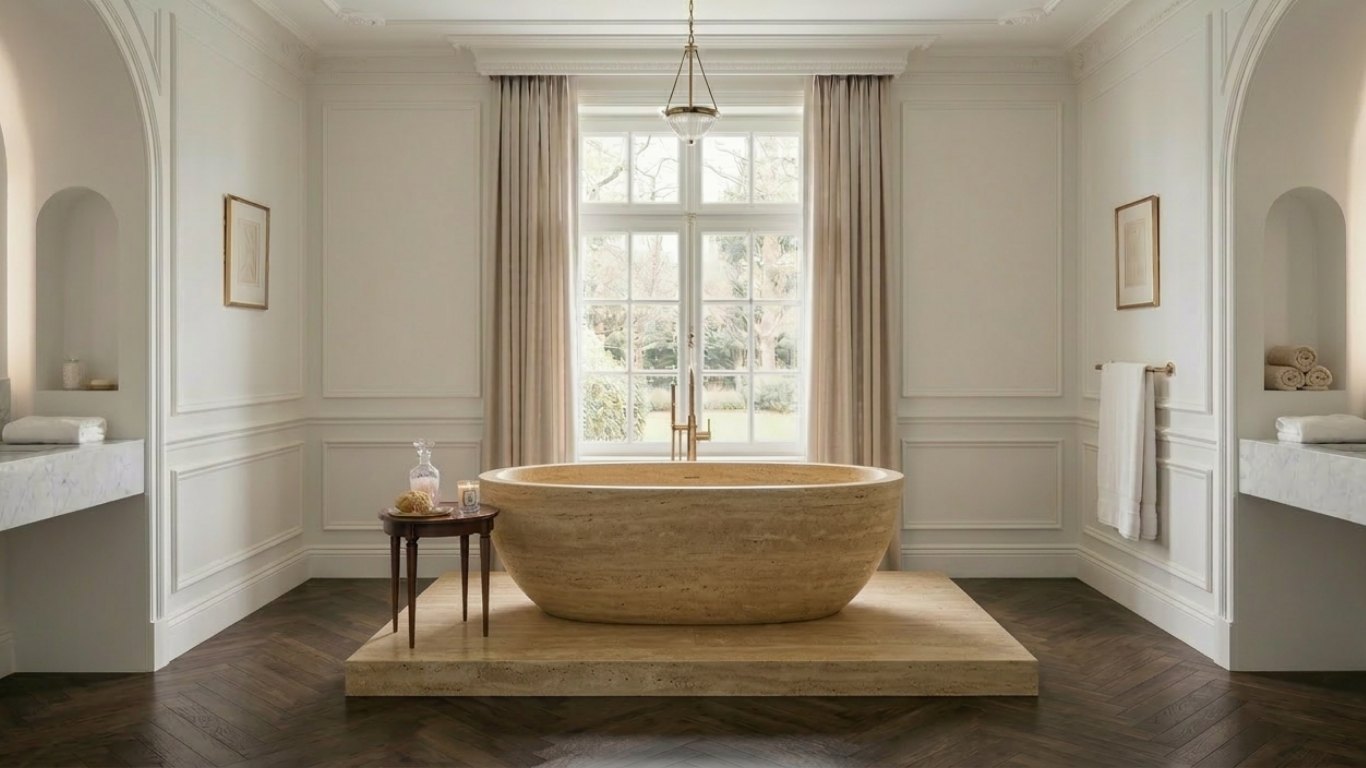 Travertine compact stone soaking bathtub